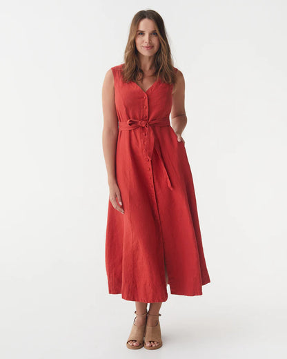 Red Linen Midi Dress – Sleeveless A-Line with Tie Waist