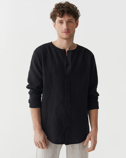 Black Collarless Long Sleeve Linen Shirt – Relaxed Fit