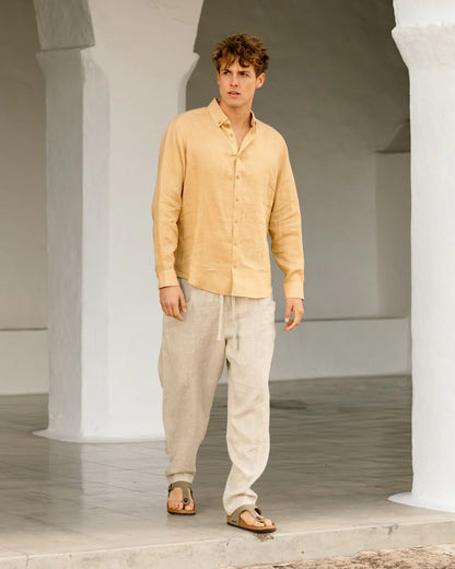 Sandy Beige Button-Down Collar Linen Shirt – Lightweight Regular Fit