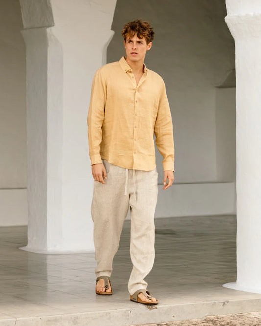 Sandy Beige Button-Down Collar Linen Shirt – Lightweight Regular Fit