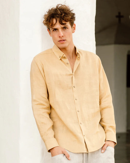 Sandy Beige Button-Down Collar Linen Shirt – Lightweight Regular Fit