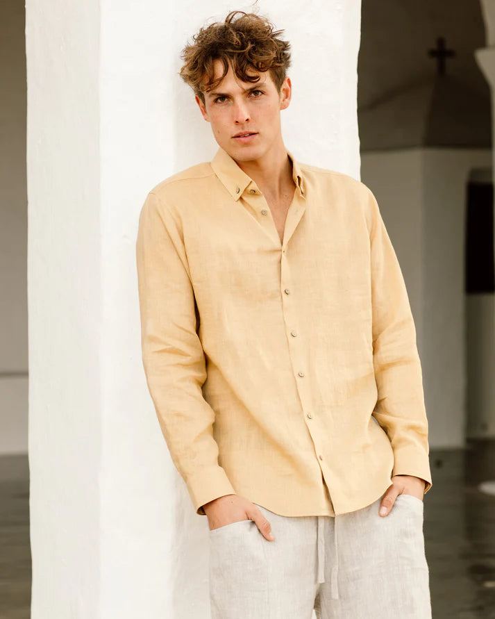 Sandy Beige Button-Down Collar Linen Shirt – Lightweight Regular Fit