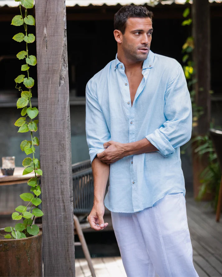 Sky Blue Button-Down Collar Linen Shirt – Lightweight Regular Fit