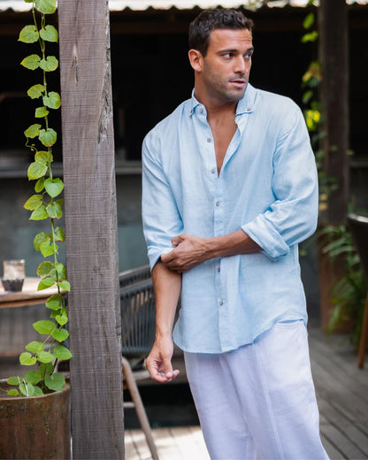 Sky Blue Button-Down Collar Linen Shirt – Lightweight Regular Fit