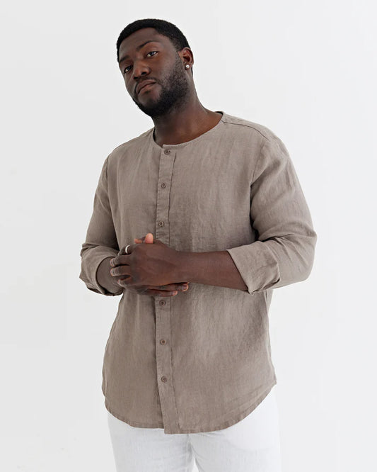 Taupe Collarless Long Sleeve Linen Shirt – Relaxed Fit