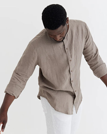 Taupe Collarless Long Sleeve Linen Shirt – Relaxed Fit
