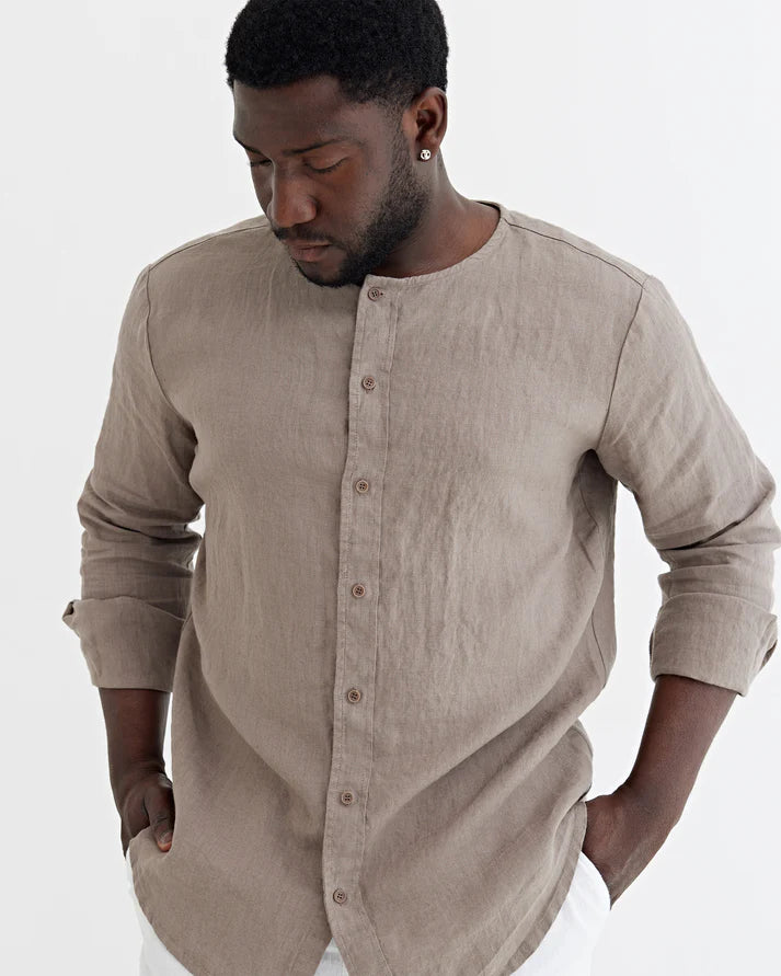 Taupe Collarless Long Sleeve Linen Shirt – Relaxed Fit
