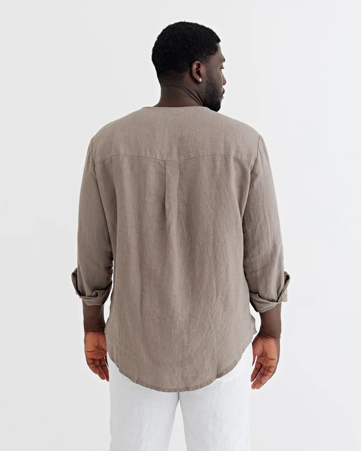 Taupe Collarless Long Sleeve Linen Shirt – Relaxed Fit