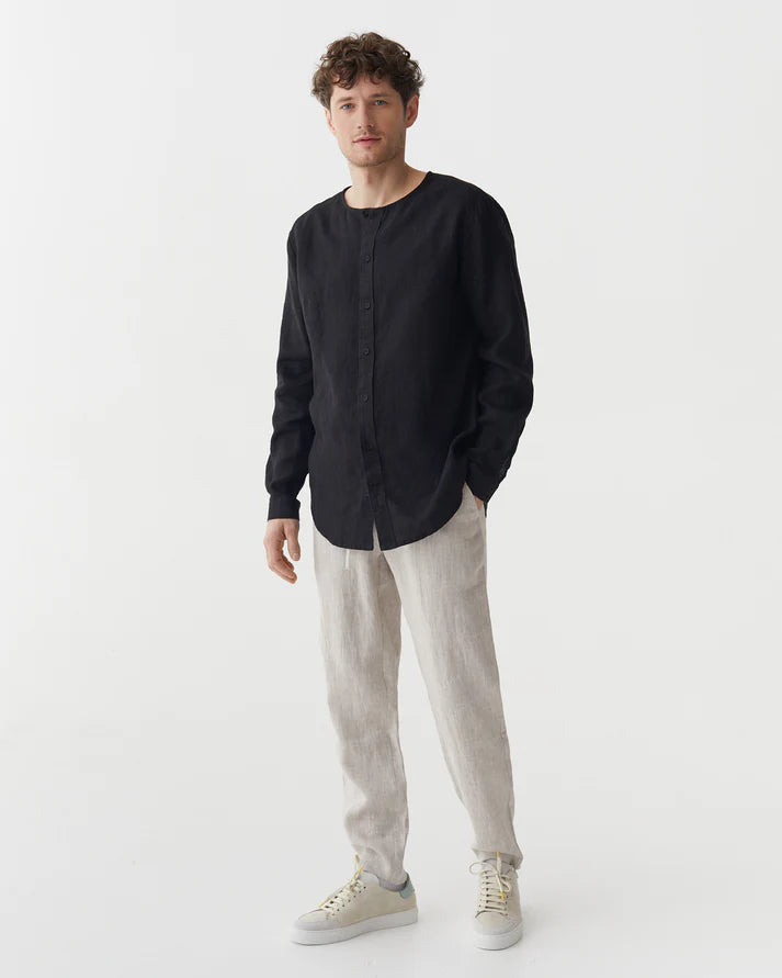 Black Collarless Long Sleeve Linen Shirt – Relaxed Fit