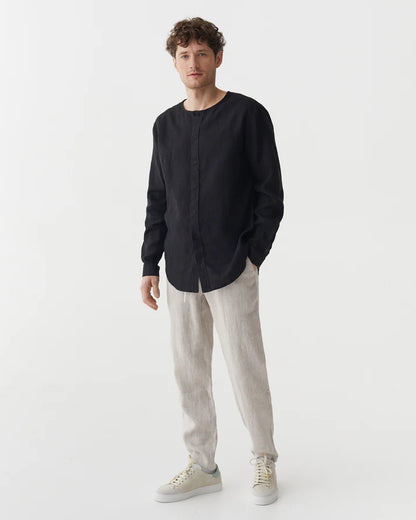 Black Collarless Long Sleeve Linen Shirt – Relaxed Fit