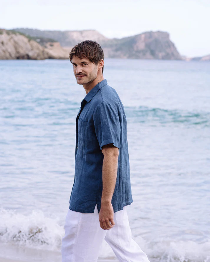 Deep Navy Short Sleeves Linen Shirt – Camp Collar