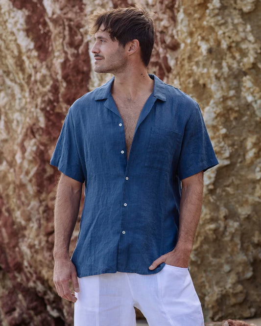 Deep Navy Short Sleeves Linen Shirt – Camp Collar