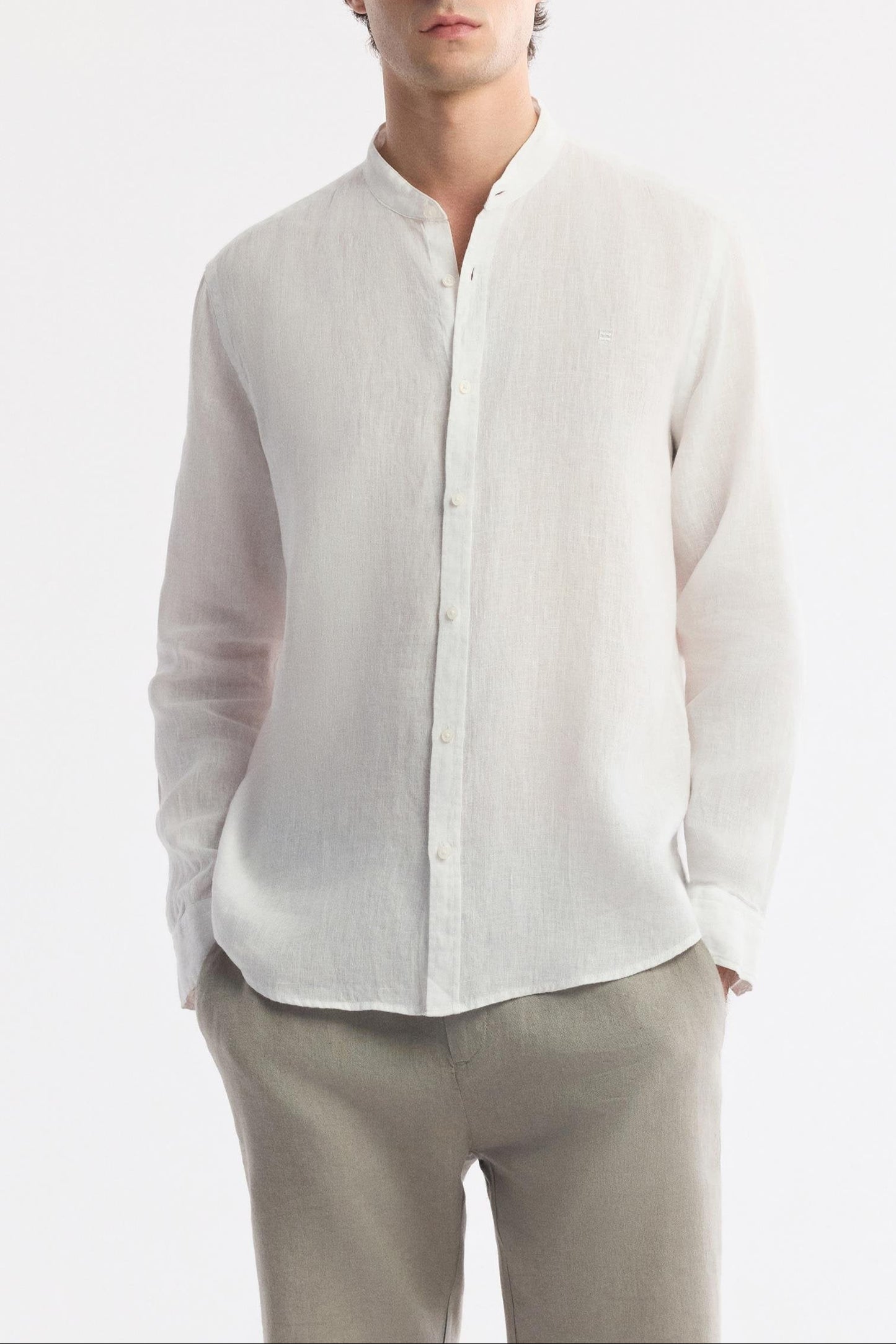 Front view of Swiftyle Men’s White Linen Shirt with grandad collar and long sleeves
