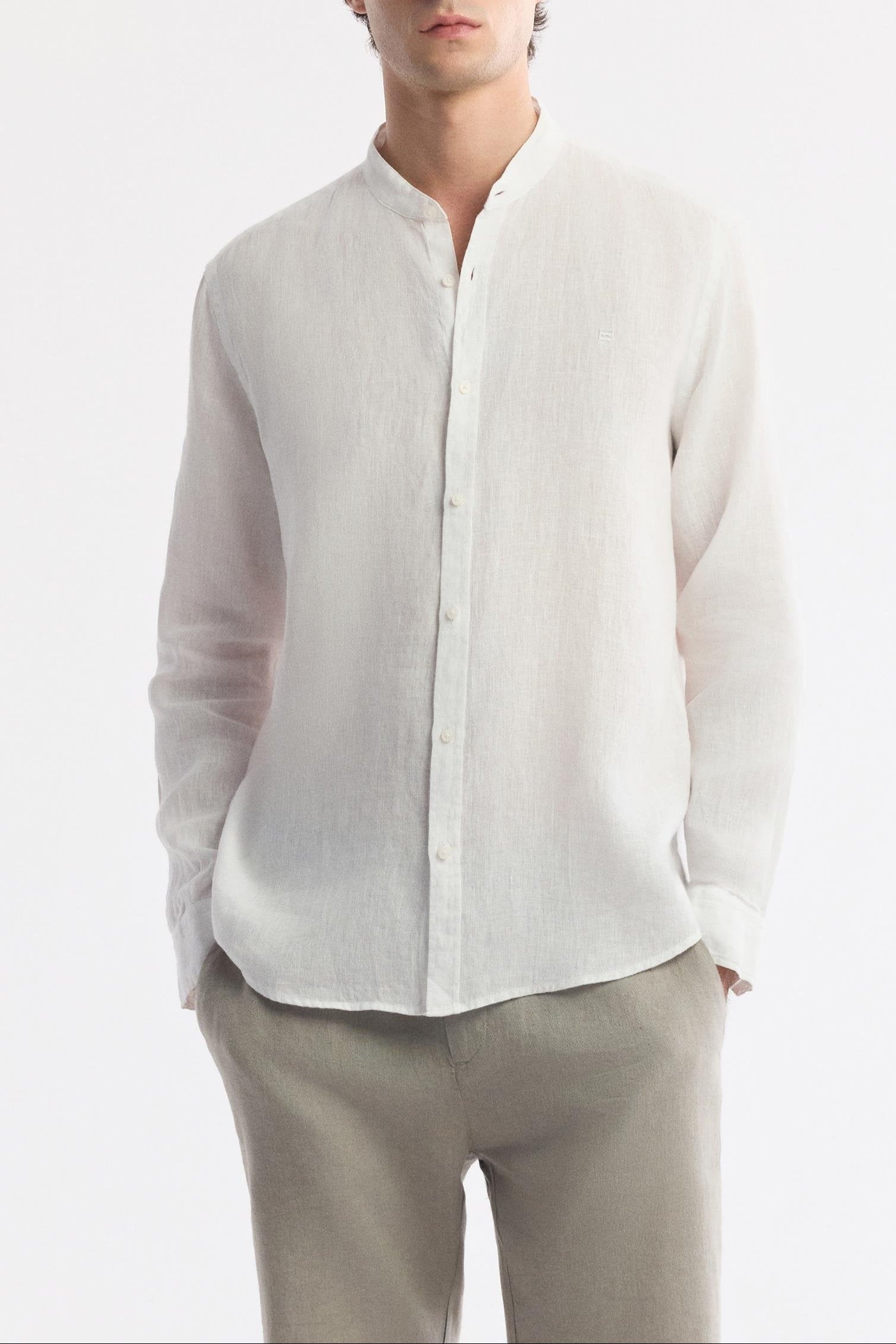 Front view of Swiftyle Men’s White Linen Shirt with grandad collar and long sleeves
