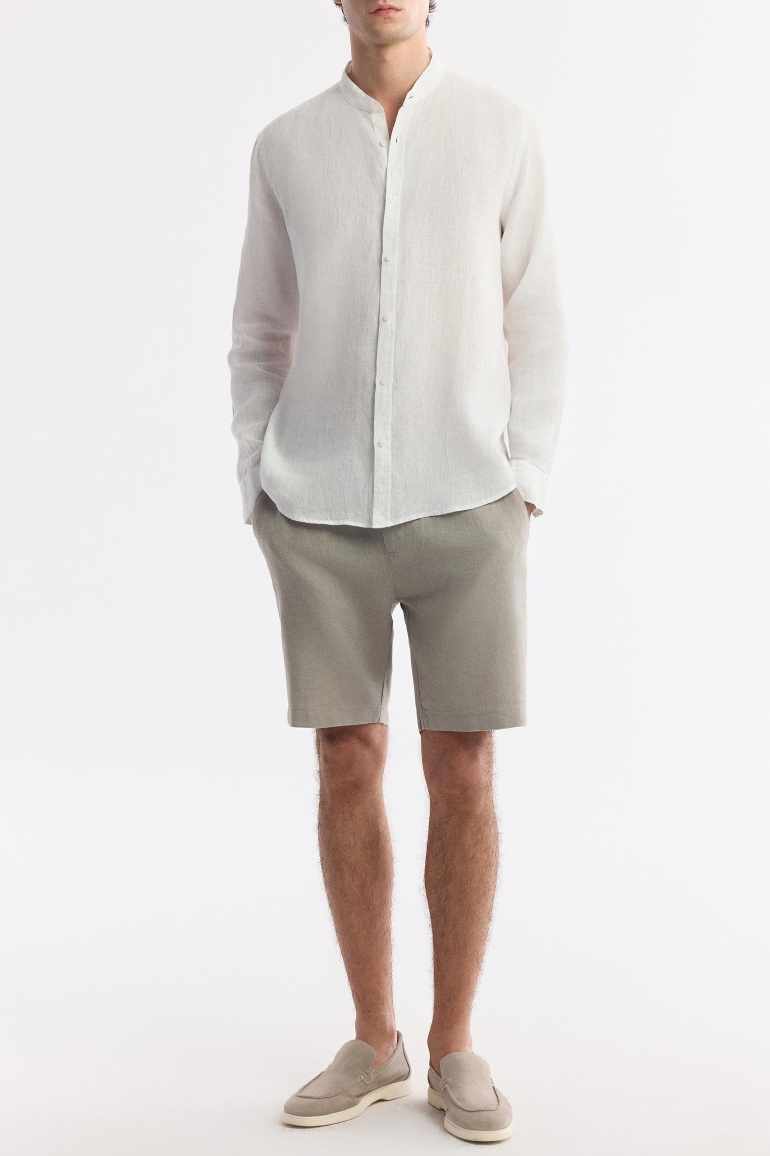 Full body look: White grandad collar shirt paired with taupe linen shorts – Swiftyle