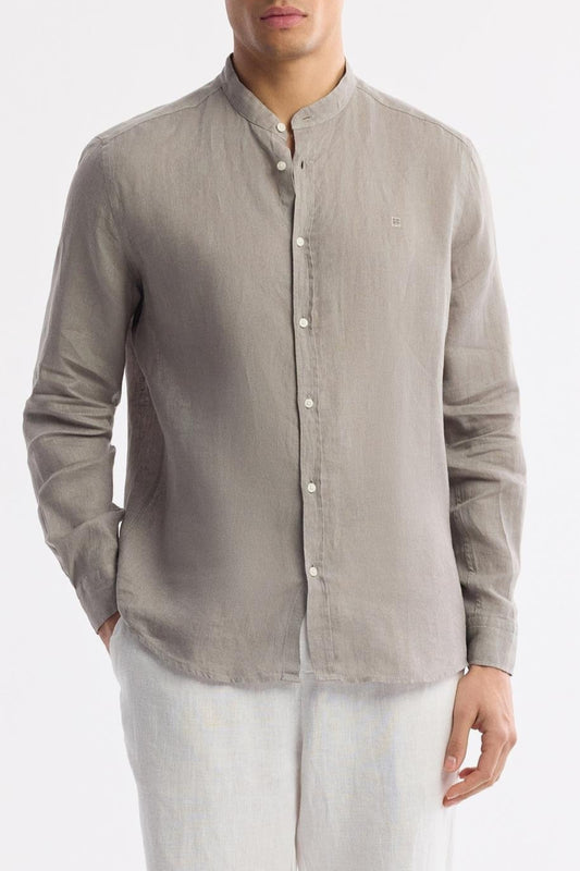 Front view of gray linen shirt with grandad collar – Swiftyle