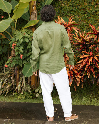 Green Button-Down Collar Linen Shirt – Lightweight Regular Fit