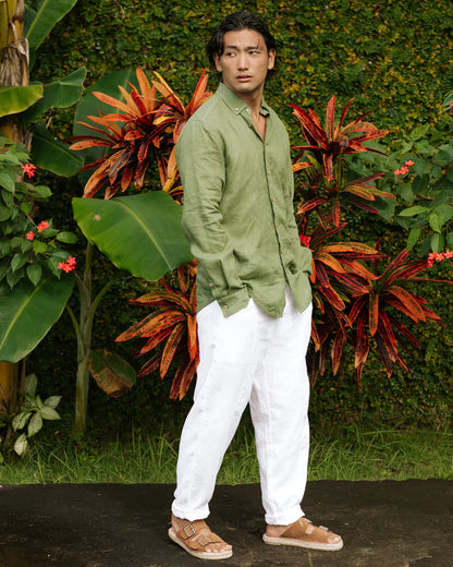 Green Button-Down Collar Linen Shirt – Lightweight Regular Fit