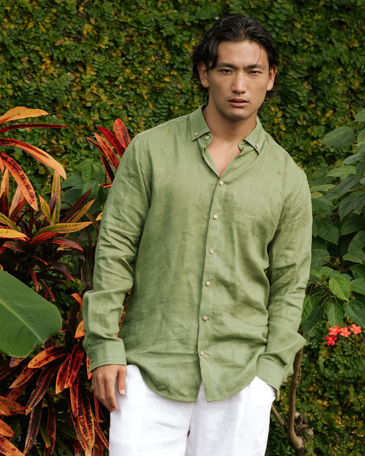 Green Button-Down Collar Linen Shirt – Lightweight Regular Fit