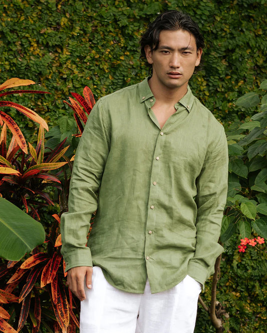 Green Button-Down Collar Linen Shirt – Lightweight Regular Fit