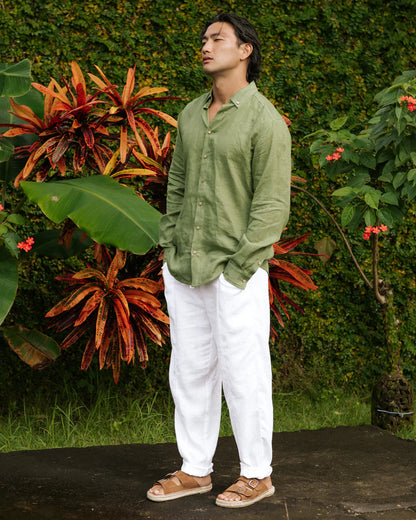 Green Button-Down Collar Linen Shirt – Lightweight Regular Fit