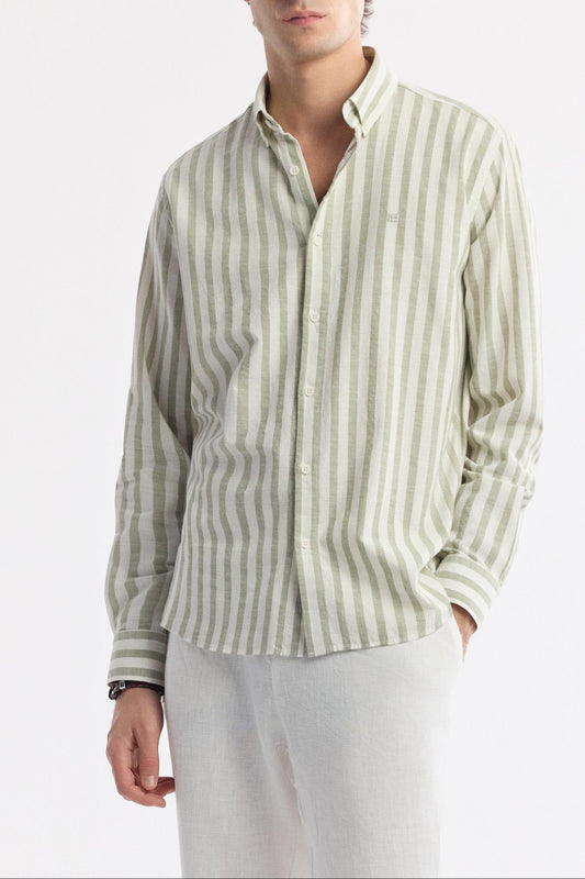 Model wearing Swiftyle men's green striped cotton shirt, front view