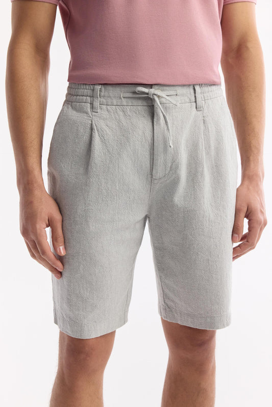 Close-up of drawstring waist and pleats on gray linen shorts – Swiftyle