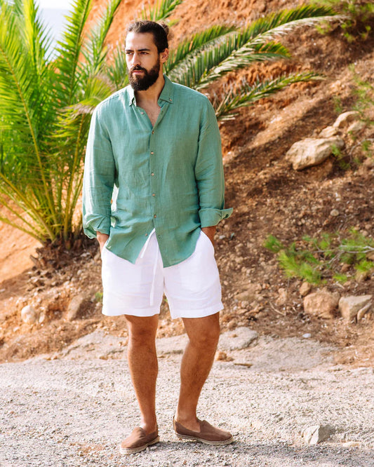 Melange Green Button-Down Collar Linen Shirt – Lightweight Regular Fit