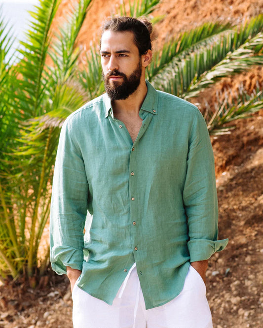Melange Green Button-Down Collar Linen Shirt – Lightweight Regular Fit