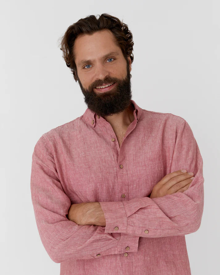 Rose Gold Button-Down Collar Linen Shirt – Lightweight Regular Fit