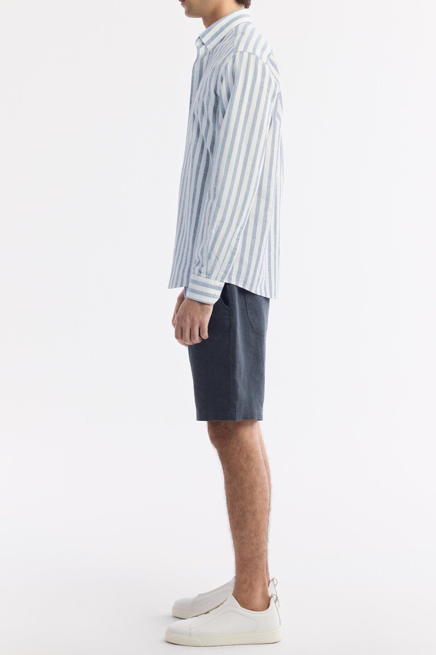 Back view of sky blue striped 100% cotton shirt with vertical lines – Swiftyle