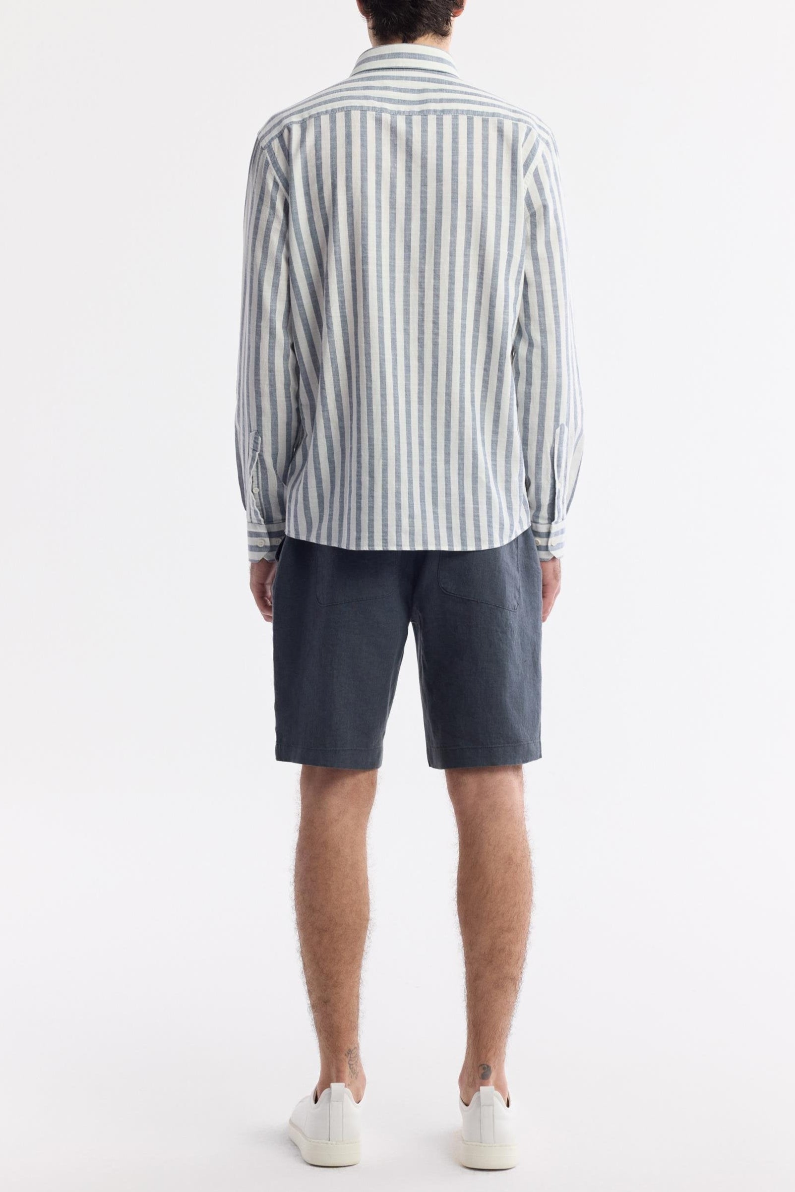 Rear view of Swiftyle navy striped shirt – long sleeve cotton
