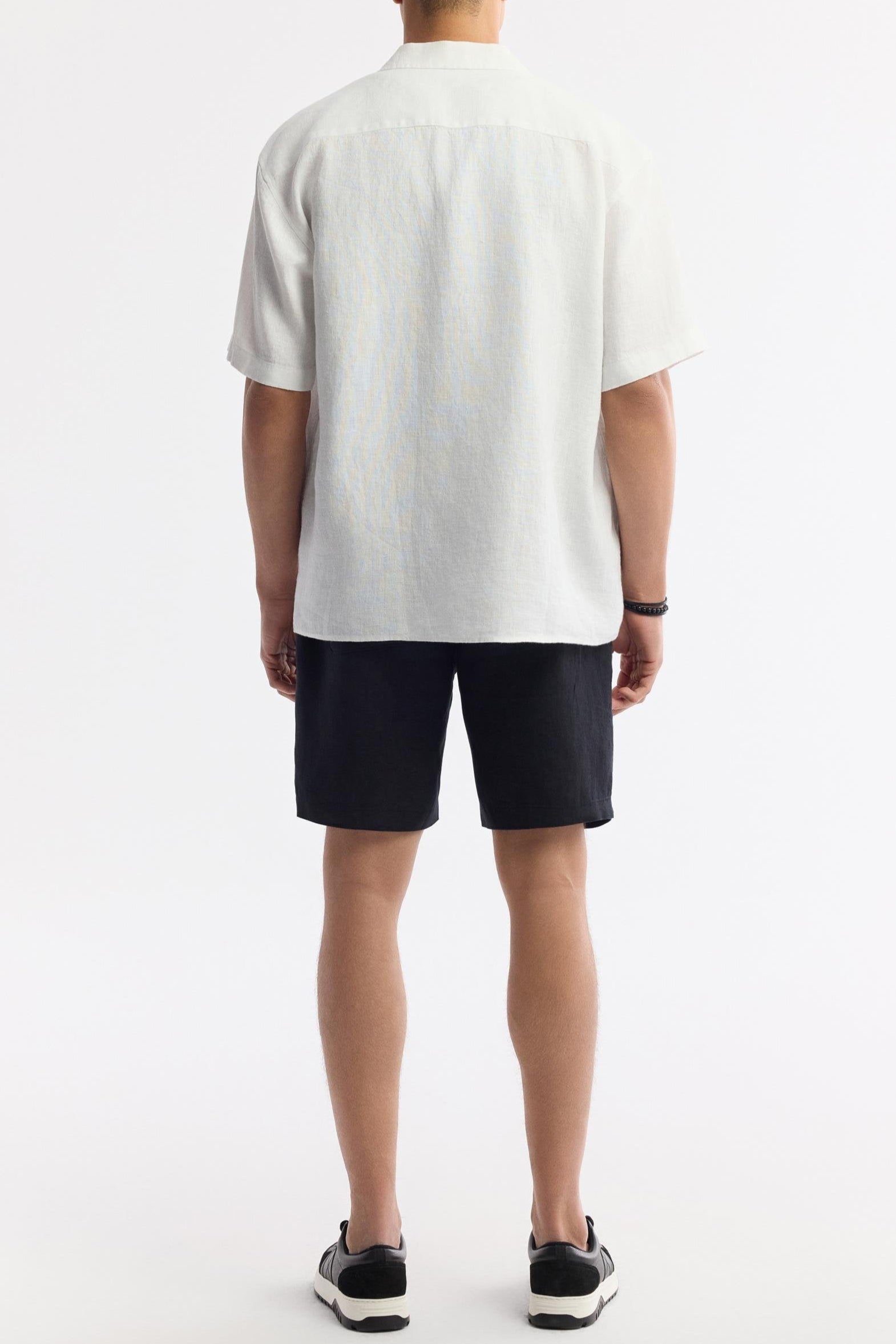 Back view of men's white relaxed-fit linen shirt – Swiftyle