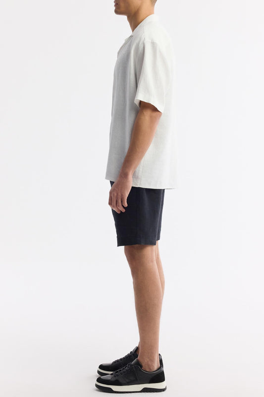 Side profile of Swiftyle white linen shirt with short sleeves