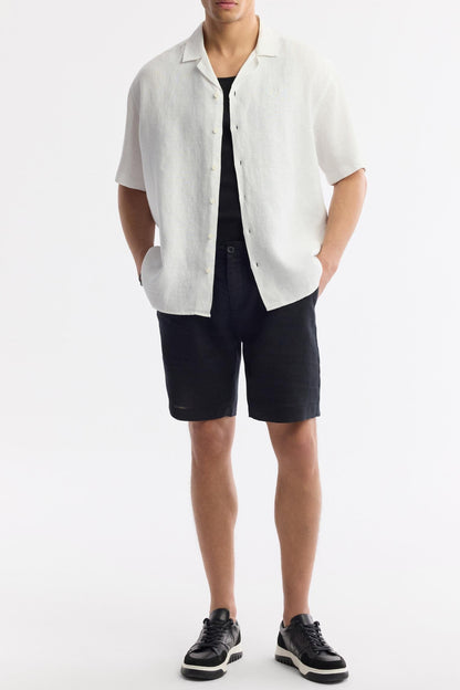 White camp collar shirt styled with black shorts – Swiftyle
