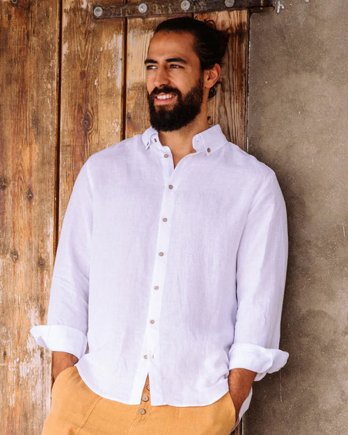 White Button-Down Collar Linen Shirt – Lightweight Regular Fit