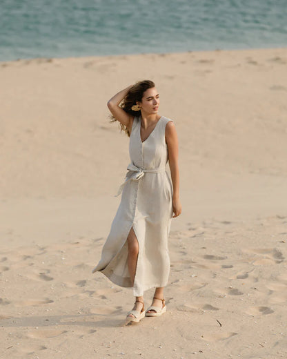 Natural Stone Linen Midi Dress – Sleeveless A-Line with Tie Waist