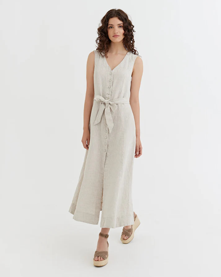 Natural Stone Linen Midi Dress – Sleeveless A-Line with Tie Waist