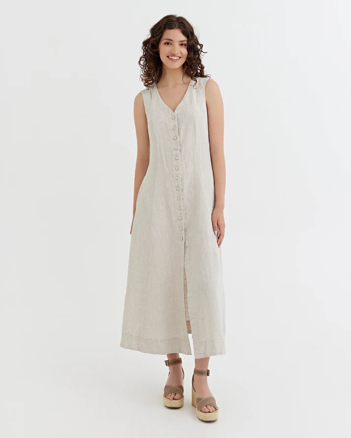 Natural Stone Linen Midi Dress – Sleeveless A-Line with Tie Waist