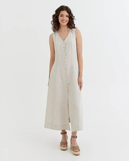 Natural Stone Linen Midi Dress – Sleeveless A-Line with Tie Waist