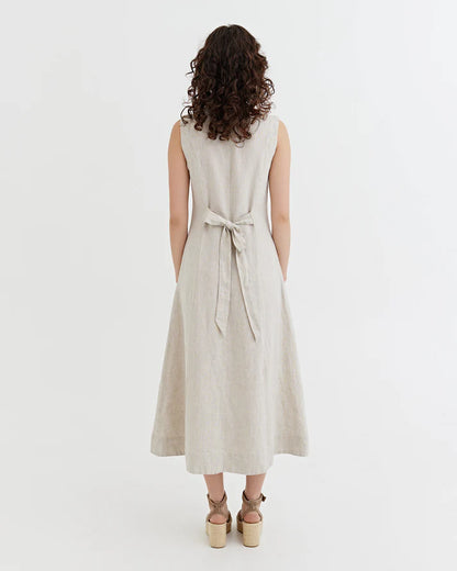 Natural Stone Linen Midi Dress – Sleeveless A-Line with Tie Waist