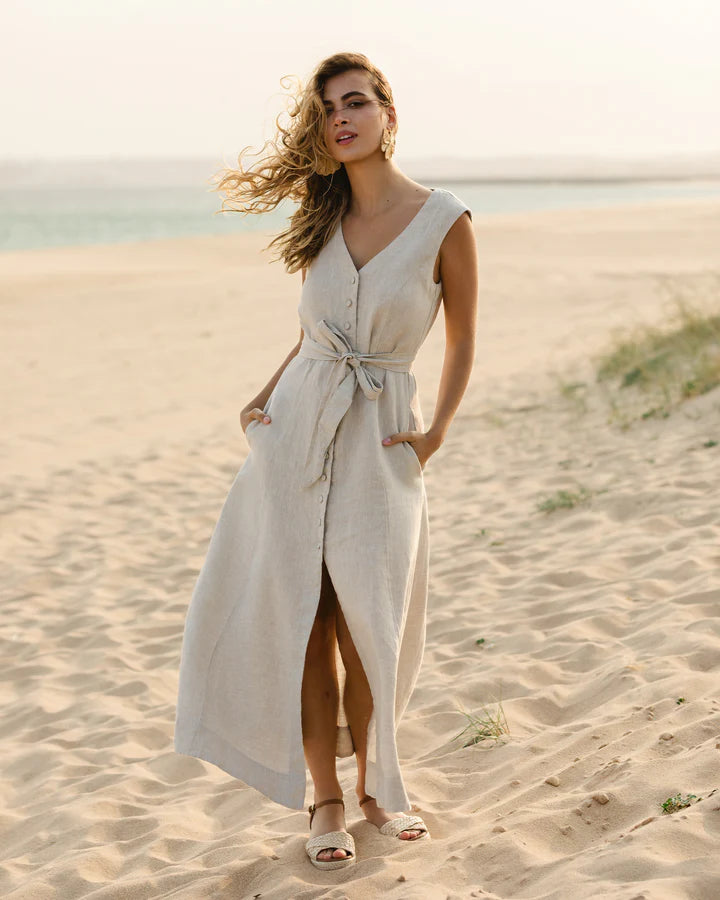 Natural Melange Linen Midi Dress Sleeveless A-Line with Tie Waist | Swiftyle Natural Melange Linen Midi Dress Sleeveless A-Line with Tie Waist | Swiftyle