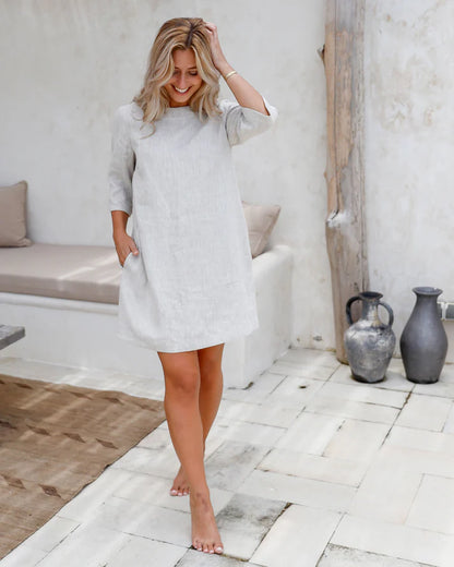 Natural Stone Trapeze Linen Tunic Dress for Women – 3/4 Sleeve, Pockets