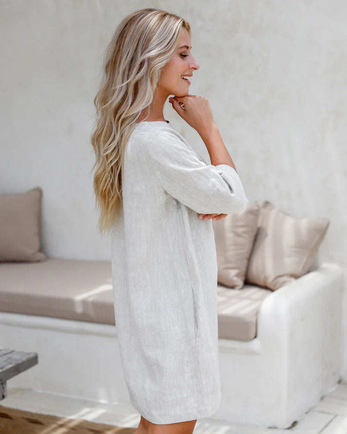 Natural Stone Trapeze Linen Tunic Dress for Women – 3/4 Sleeve, Pockets