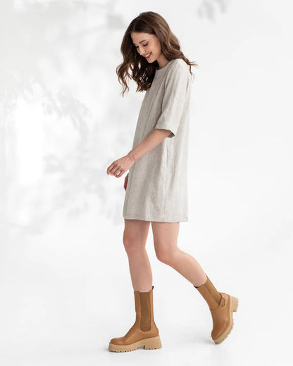 Natural Stone Trapeze Linen Tunic Dress for Women – 3/4 Sleeve, Pockets