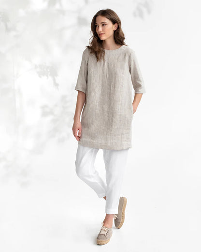 Natural Stone Trapeze Linen Tunic Dress for Women – 3/4 Sleeve, Pockets