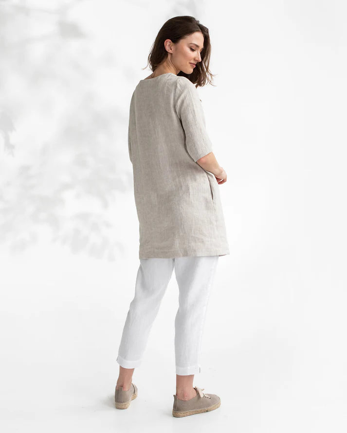 Natural Stone Trapeze Linen Tunic Dress for Women – 3/4 Sleeve, Pockets