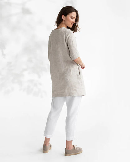 Natural Stone Trapeze Linen Tunic Dress for Women – 3/4 Sleeve, Pockets