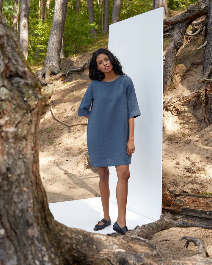 Deep Navy Linen Tunic Dress 3/4 Sleeves & Pockets | Swiftyle Deep Navy Linen Tunic Dress 3/4 Sleeves & Pockets | Swiftyle