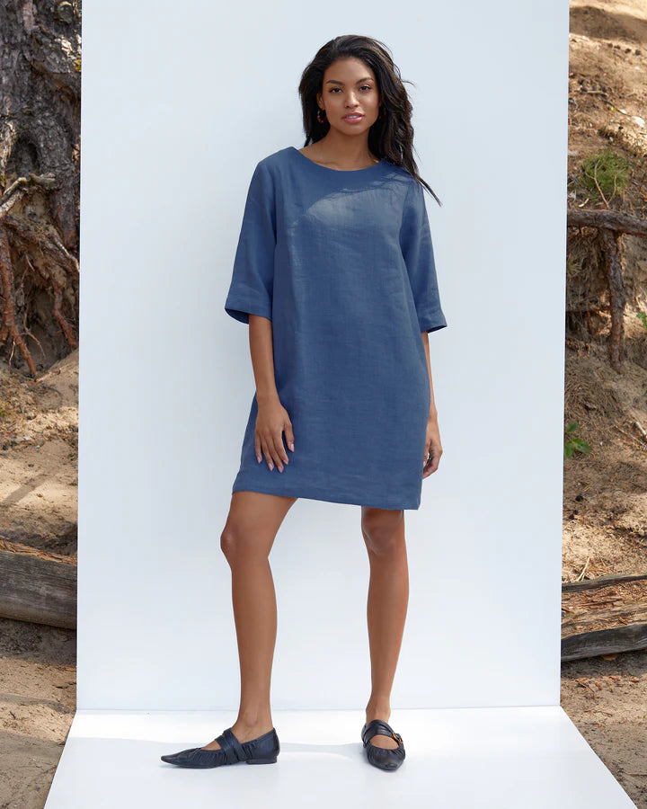 Deep Navy Trapeze Linen Tunic Dress for Women – 3/4 Sleeve, Pockets
